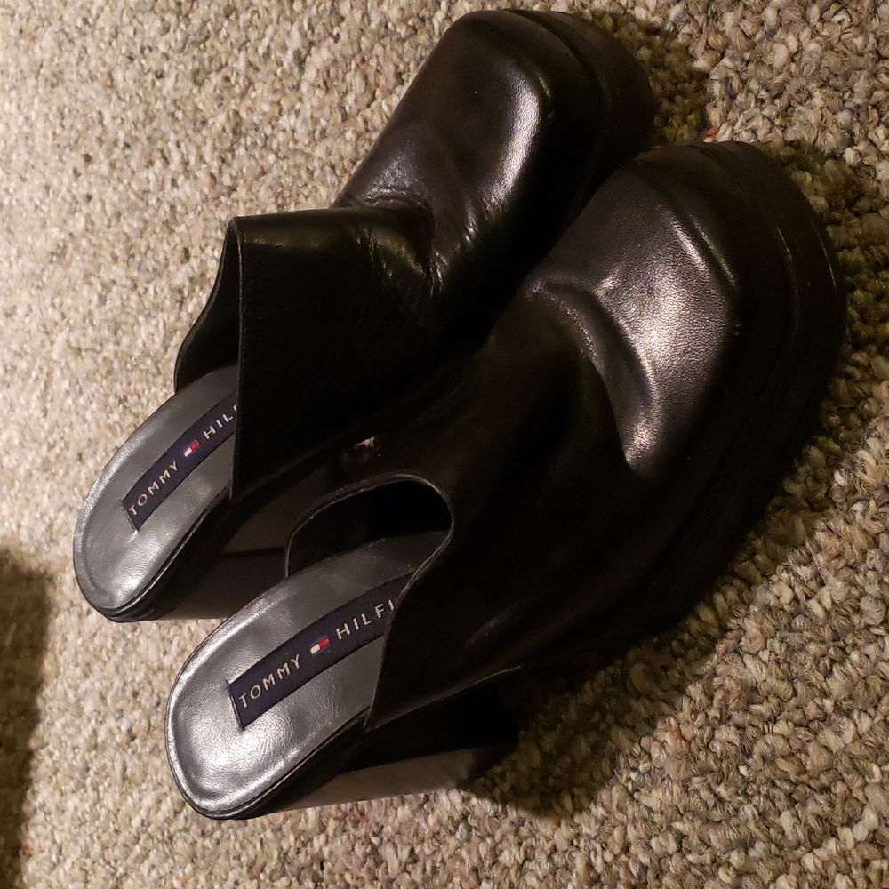 **VINTAGE** Tommy Hilfiger Black Leather Wooden Platforms Size 6 1/2 US